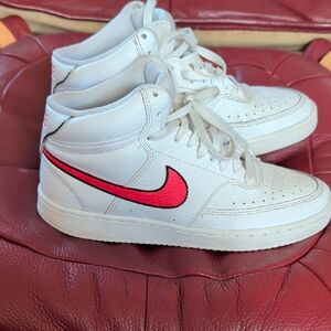 White Sneakers with Red Swoosh